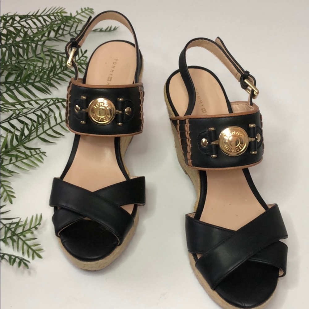 Tommy Hilfiger Black & Gold espadrille Wedges - Picture 2 of 9